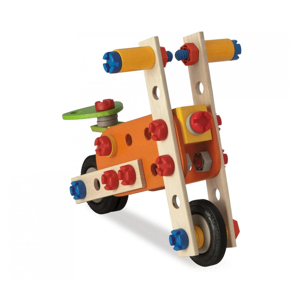 Eichhorn Constructor 4 in 1 is a wooden construction set featuring a frame with wheels, red pegs, and colorful components.