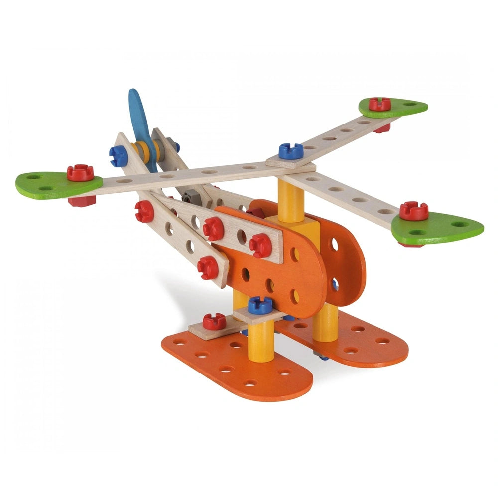 Eichhorn Constructor 4 in 1 construction set features a wooden aircraft model with green and orange plastic components.