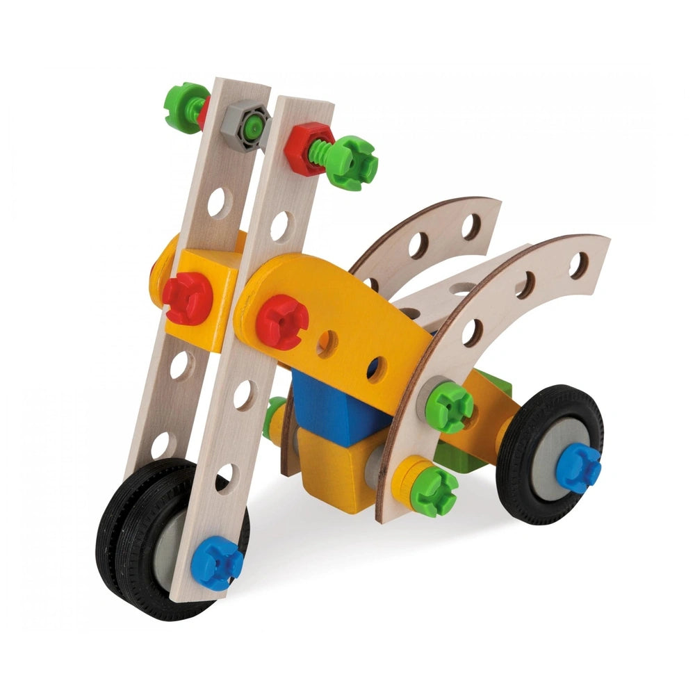 Eichhorn Constructor 4in1 wooden toy vehicle features a yellow base, blue windshield, and colorful decorative elements.