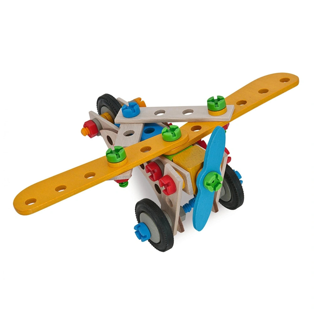 Eichhorn Constructor 4in1 construction set features a toy snowboarding setup with a yellow snowboard, blue skis, and a wooden