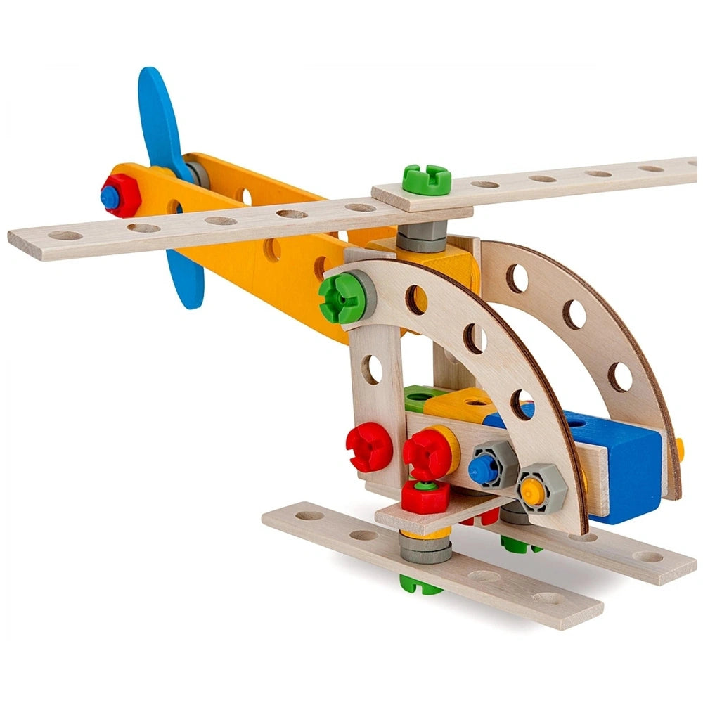 Wooden toy airplane featuring a yellow body with blue and red accents, complete with a propeller and colorful wheels.