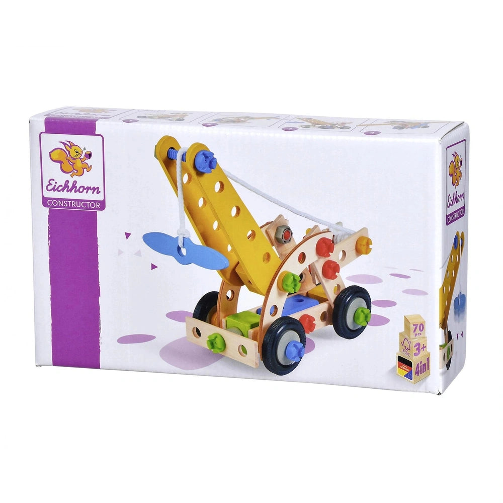 Eichhorn Constructor 4in1 wooden construction set with colorful parts and visible wheels, packaged in a vibrant design.