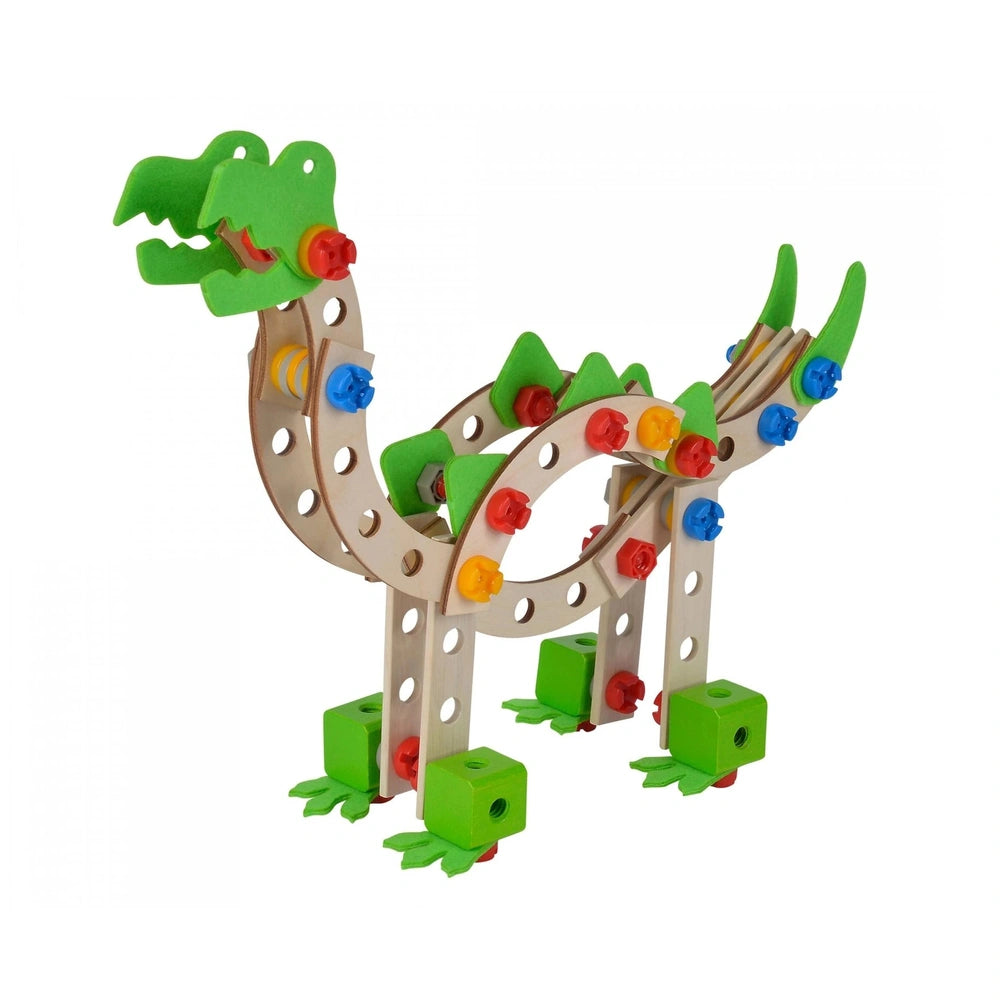 Eichhorn Constructor Dinosaur toy features a green, spiky dinosaur design with holes for assembly and colorful accents.