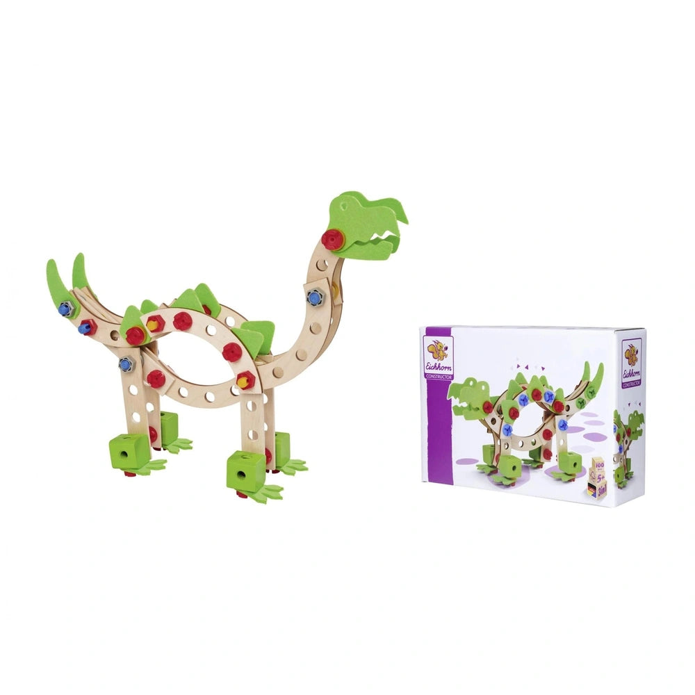 Eichhorn Constructor Dinosaur is a wooden toy featuring a green and purple design with a long neck and ribcage details.