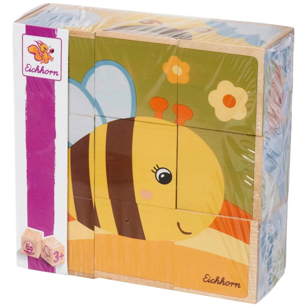 Eichhorn puzzle features a colorful bee design with interlocking pieces and a flower backdrop, promoting educational play.