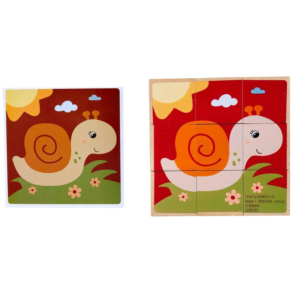 Eichhorn puzzle tiles feature a smiling snail on a vibrant graphic with flowers, a sun, and a red sky.