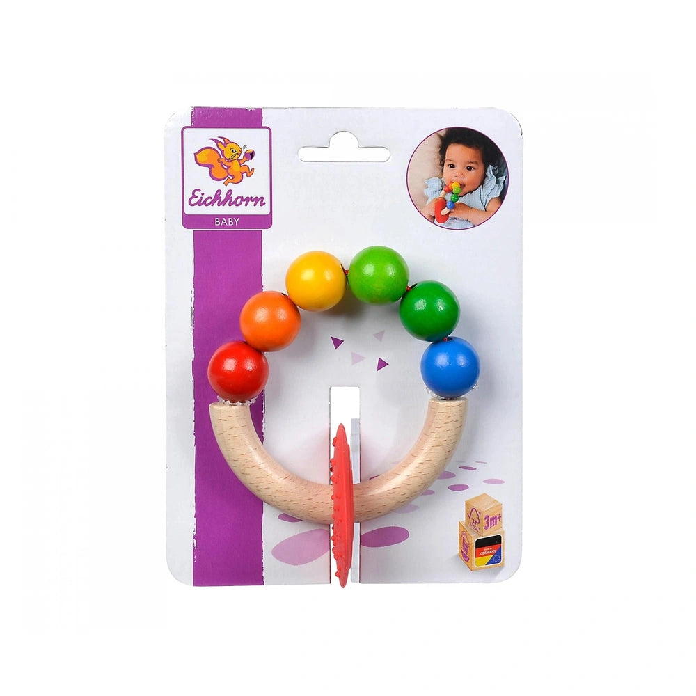 Eichhorn Eh Baby Wooden Teething Ring packaging featuring colorful rattle with various balls, suitable for babies 3 months an
