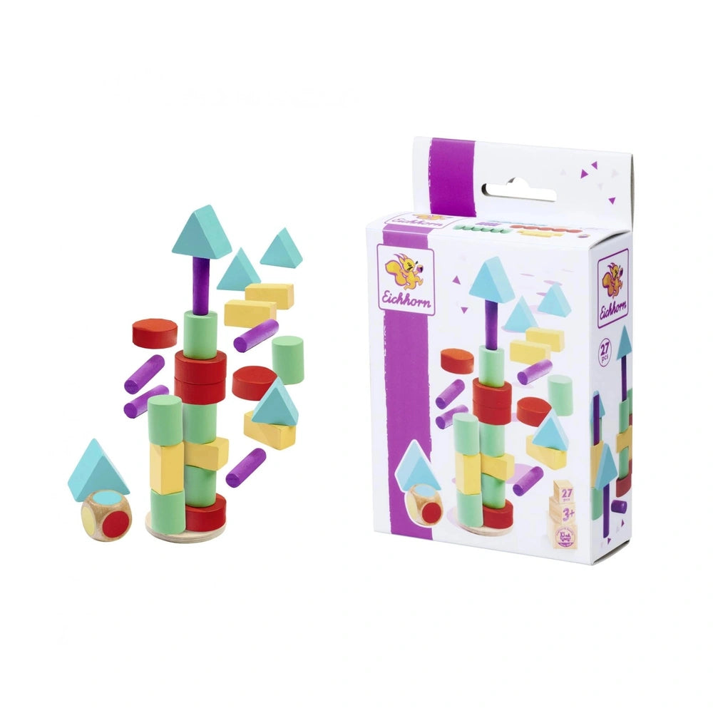 Eichhorn Sorting & Stacking Toys featuring colorful interlocking blocks and a branded box with playful illustrations.