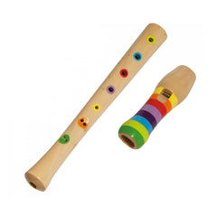 Eichhorn Music Wooden-Flute 32cm with colorful xylophone and maraca, both crafted from natural wood.