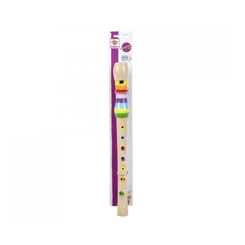Eichhorn Music Wooden-Flute 32cm with colorful caps, designed as a childs musical instrument against a white background.