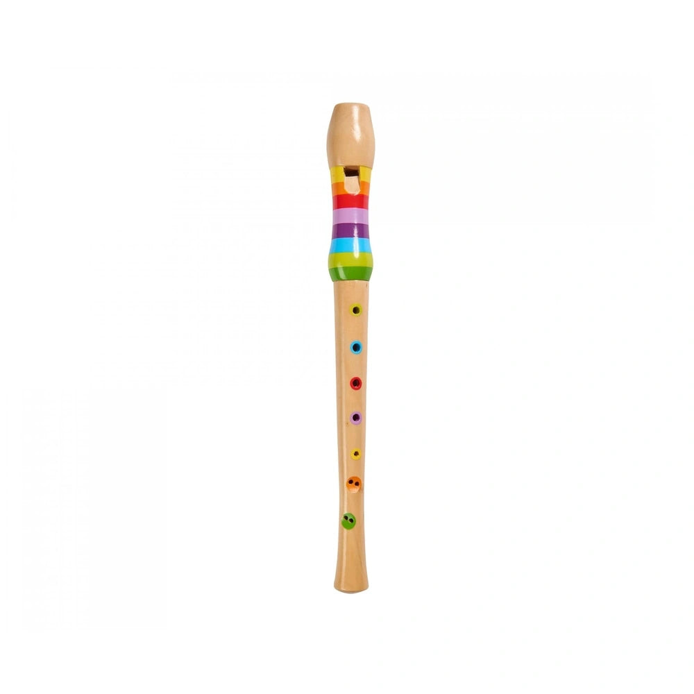 Eichhorn wooden flute, 32cm long, features a rainbow-colored design with multiple finger holes for music creation.