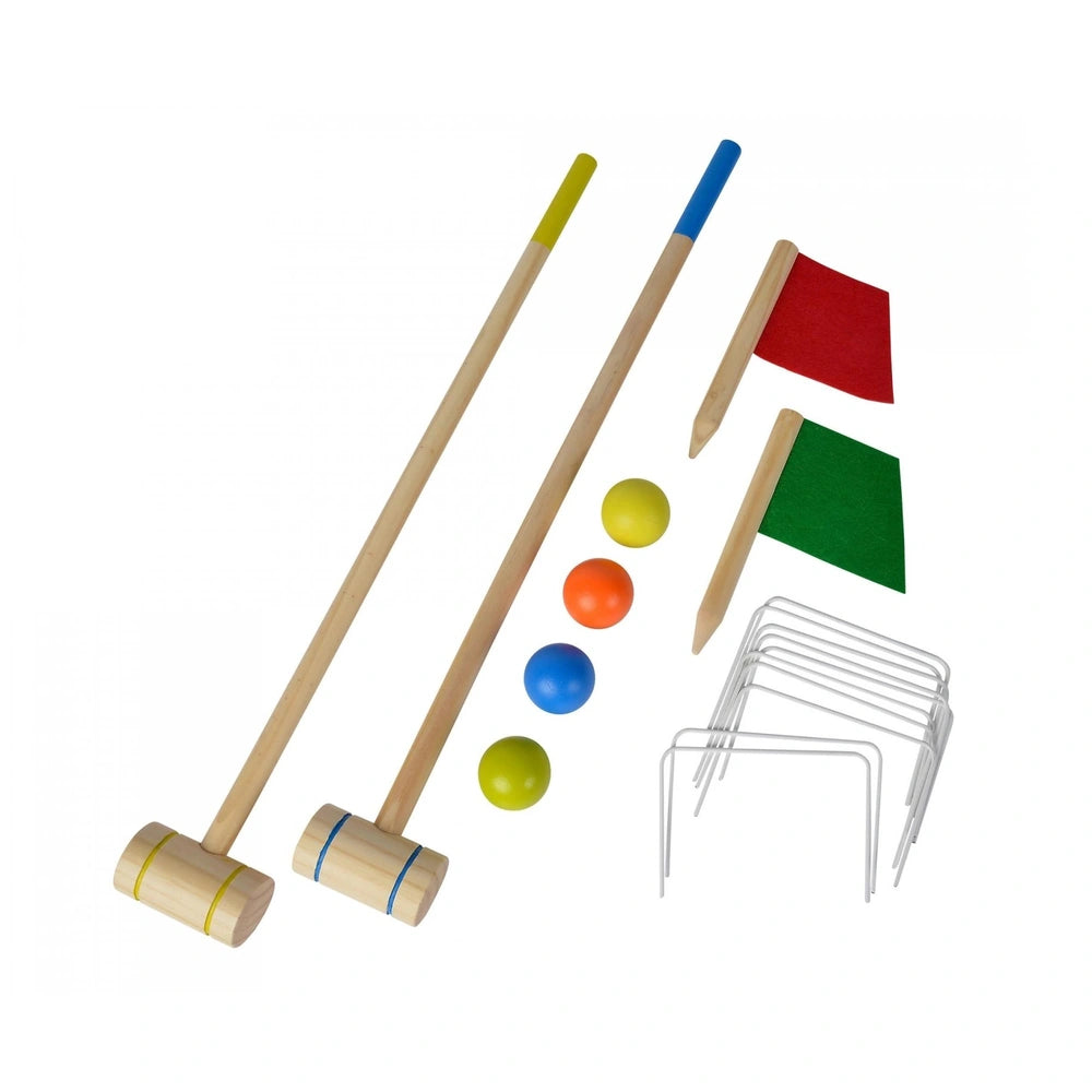 Eichhorn outdoor croquet set featuring wooden mallets, colorful balls, and flags, perfect for childrens play and learning.