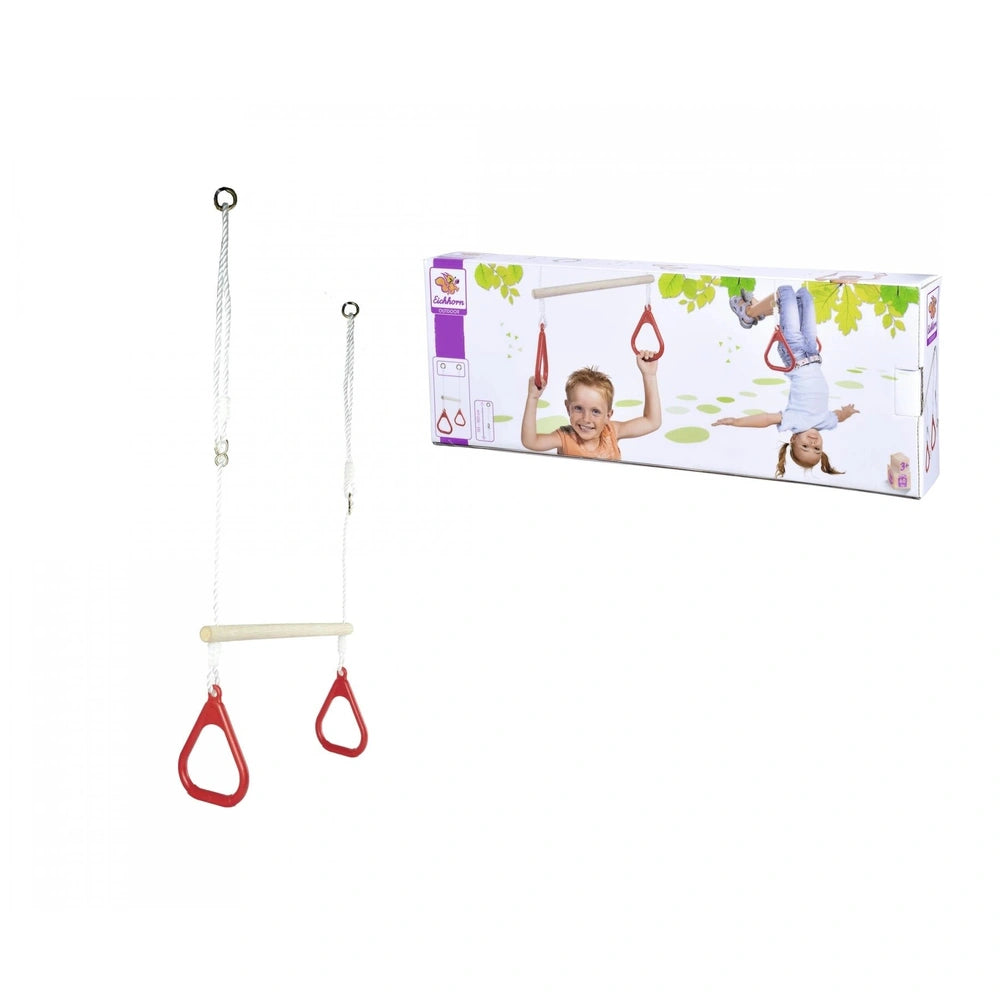 Eichhorn outdoor gymnastics rings set with red rings on a white bar, promoting active play for children in an outdoor setting