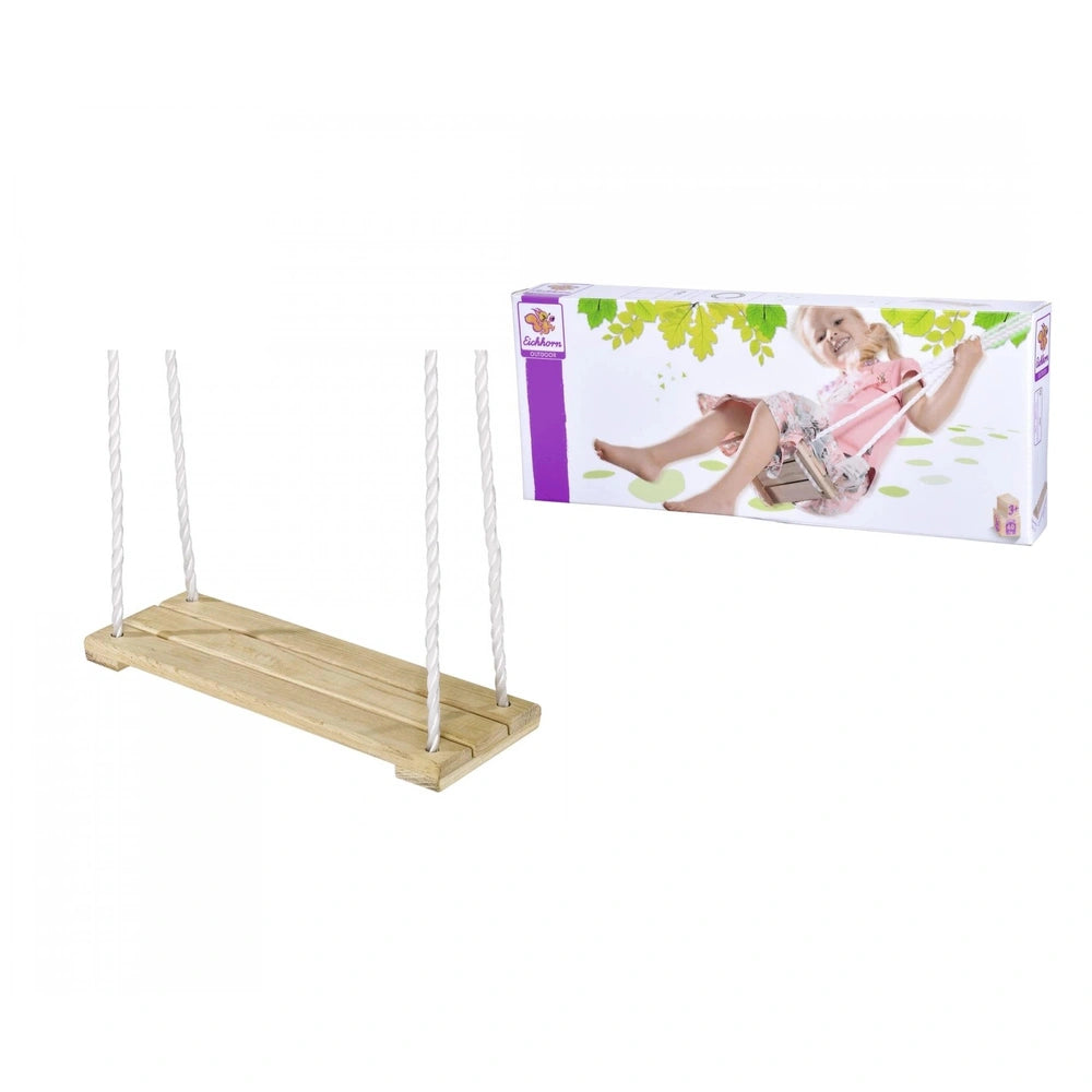 Eichhorn Outdoor Wooden Swing with flat seat and curved backrest, alongside a box featuring a girl swinging in nature.