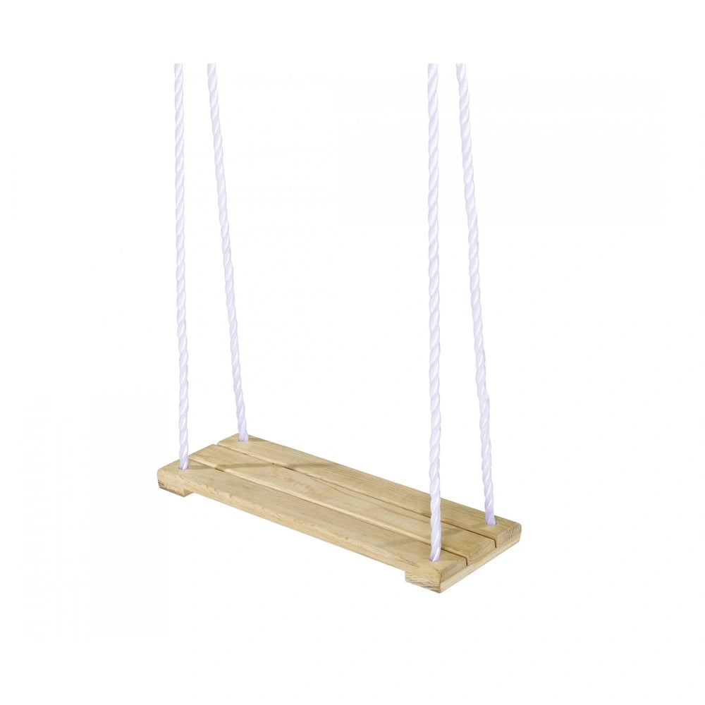 Eichhorn Outdoor Wooden Swing is a simple swing set made of light wood with white ropes for secure swinging.