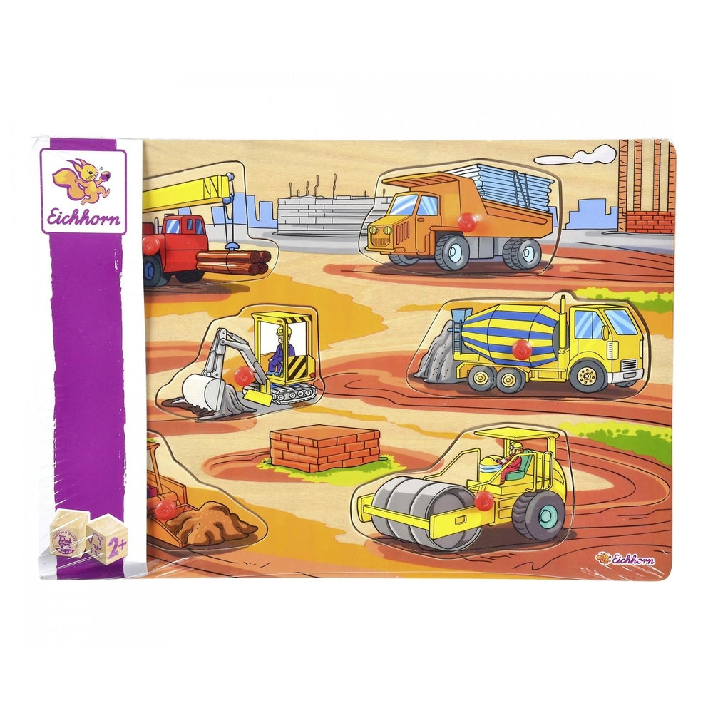 Eichhorn Pin Puzzle features a colorful construction site with a bulldozer, excavator, and crane in a vibrant cartoon style.