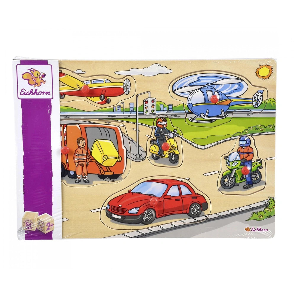 Eichhorn Pin Puzzle featuring colorful vehicles in a sunny landscape, designed for childrens educational play.