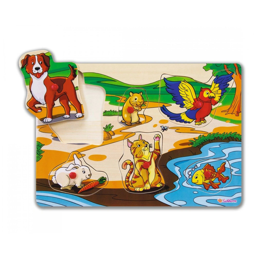 Eichhorn Pin Puzzle featuring colorful animal cutouts in a playful landscape, perfect for childrens activities and decor.