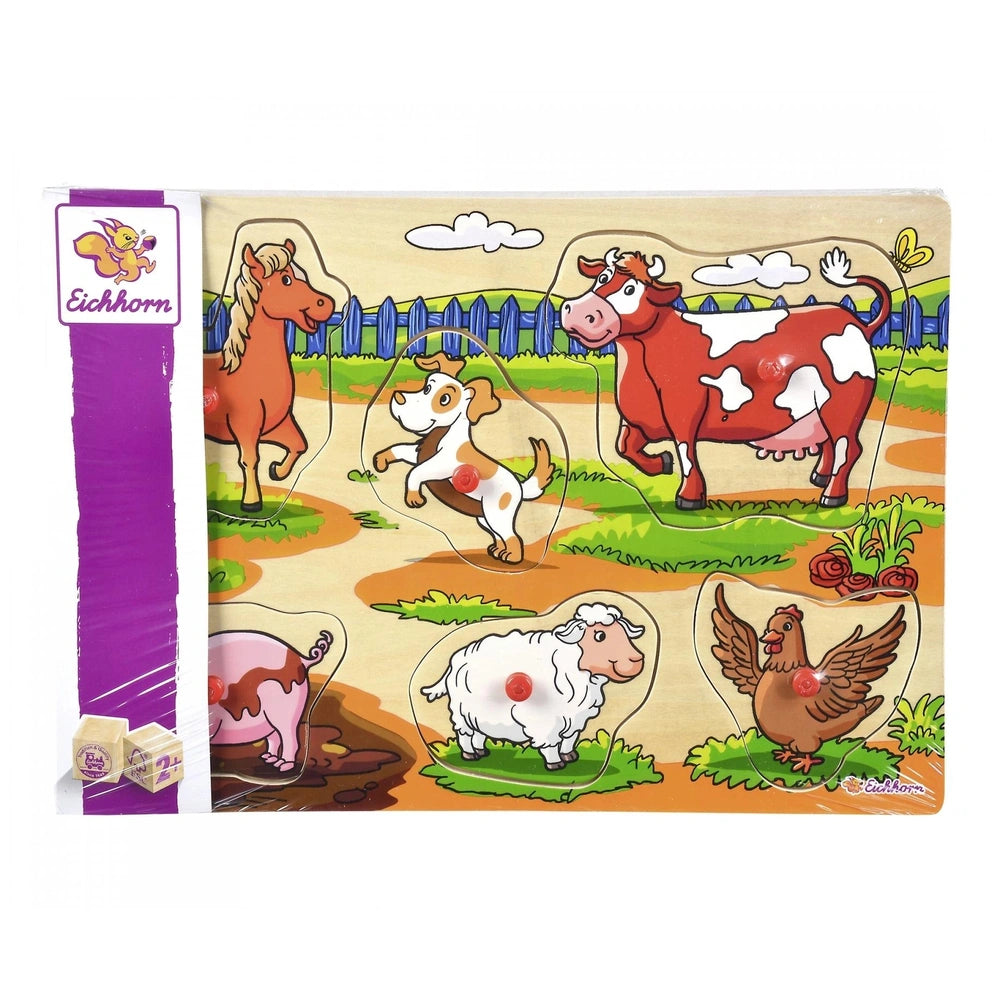 Eichhorn Pin Puzzle featuring colorful cartoon farm animals in a playful rural scene with a blue sky and wooden fence.