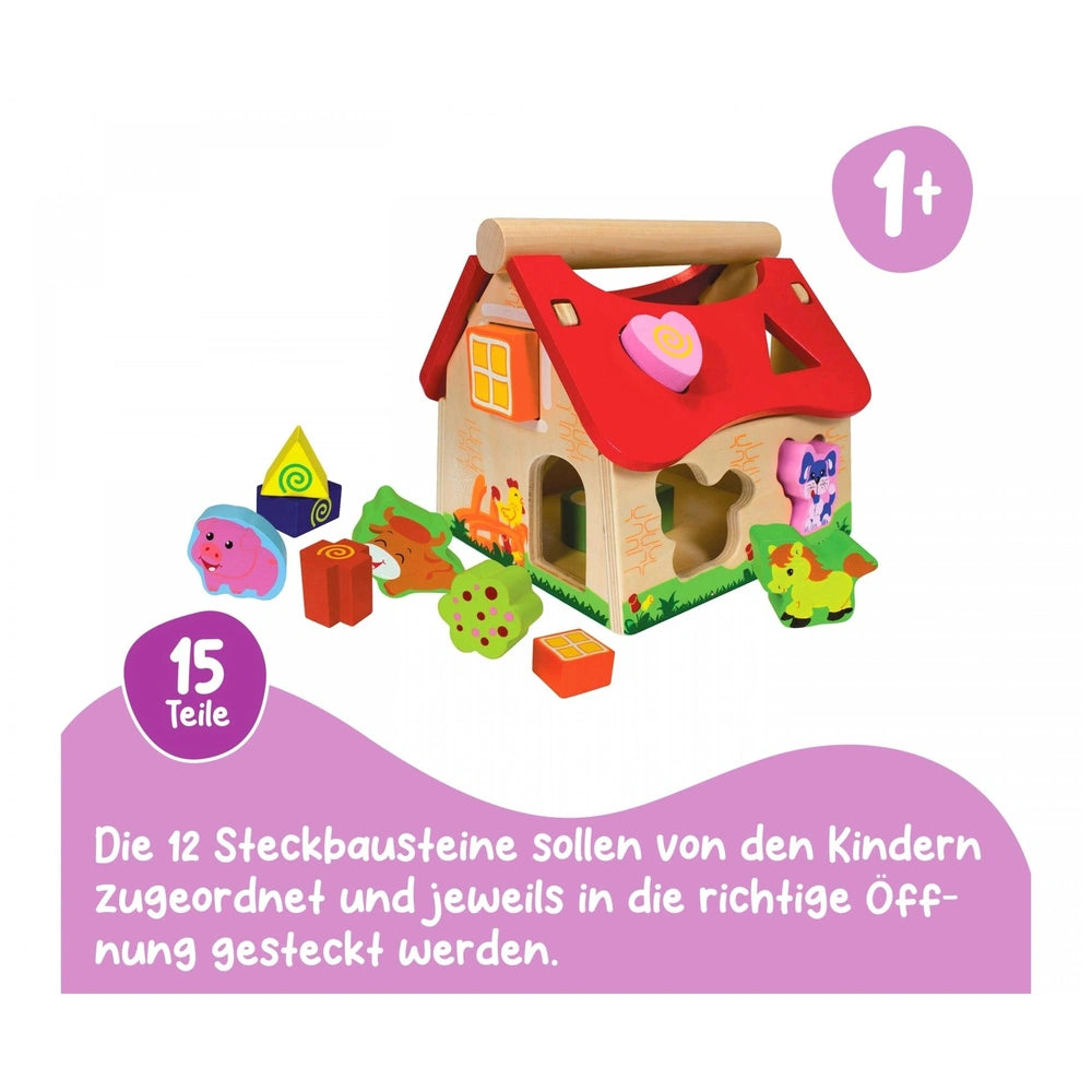 Eichhorn Sorting Farm wooden playhouse with colorful toys for baby activity, promoting educational play and creativity.