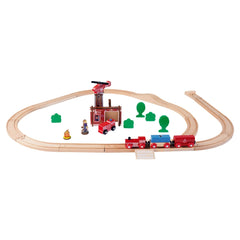 Eichhorn Train Track with Bridge Playset featuring colorful wooden trains, vehicles, and accessories for imaginative play.