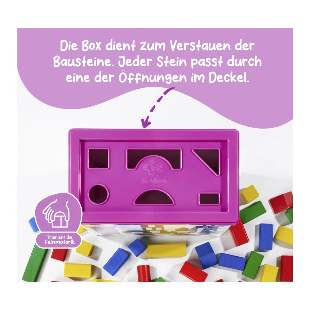 Eichhorn Wooden Colored Blocks set with 100 pieces in a purple box, promoting sorting and stacking skills for children.