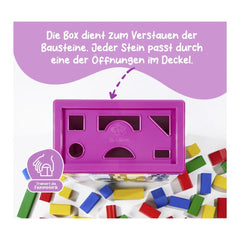 Eichhorn Wooden Colored Blocks set with 100 pieces in a purple box, promoting sorting and stacking skills for children.