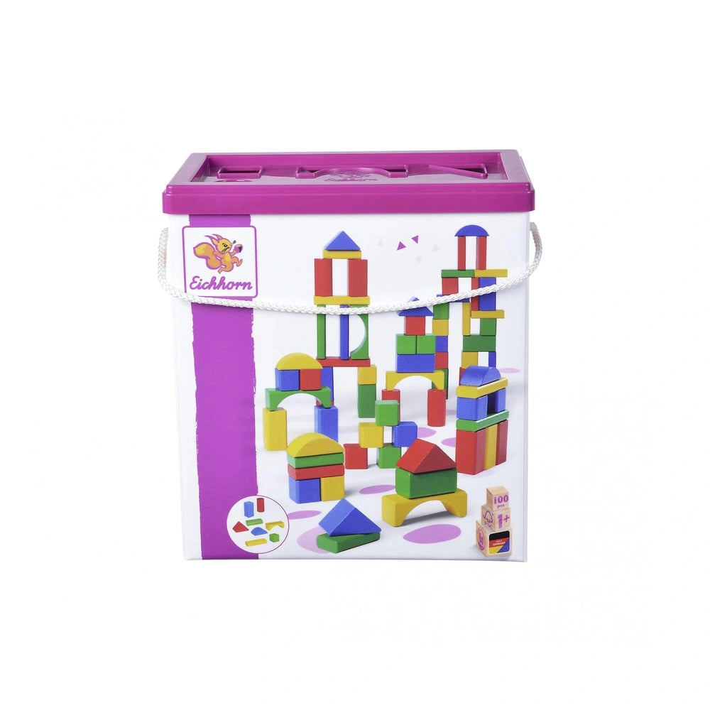 Eichhorn wooden colored blocks container in purple with a white lid, featuring colorful block illustrations and the brand nam
