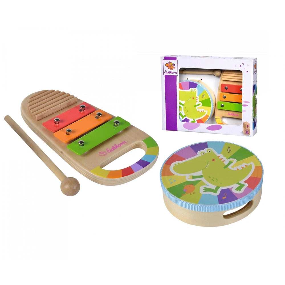 Eichhorn wooden drum and xylophone music set featuring colorful bars and playful alligator design for children.