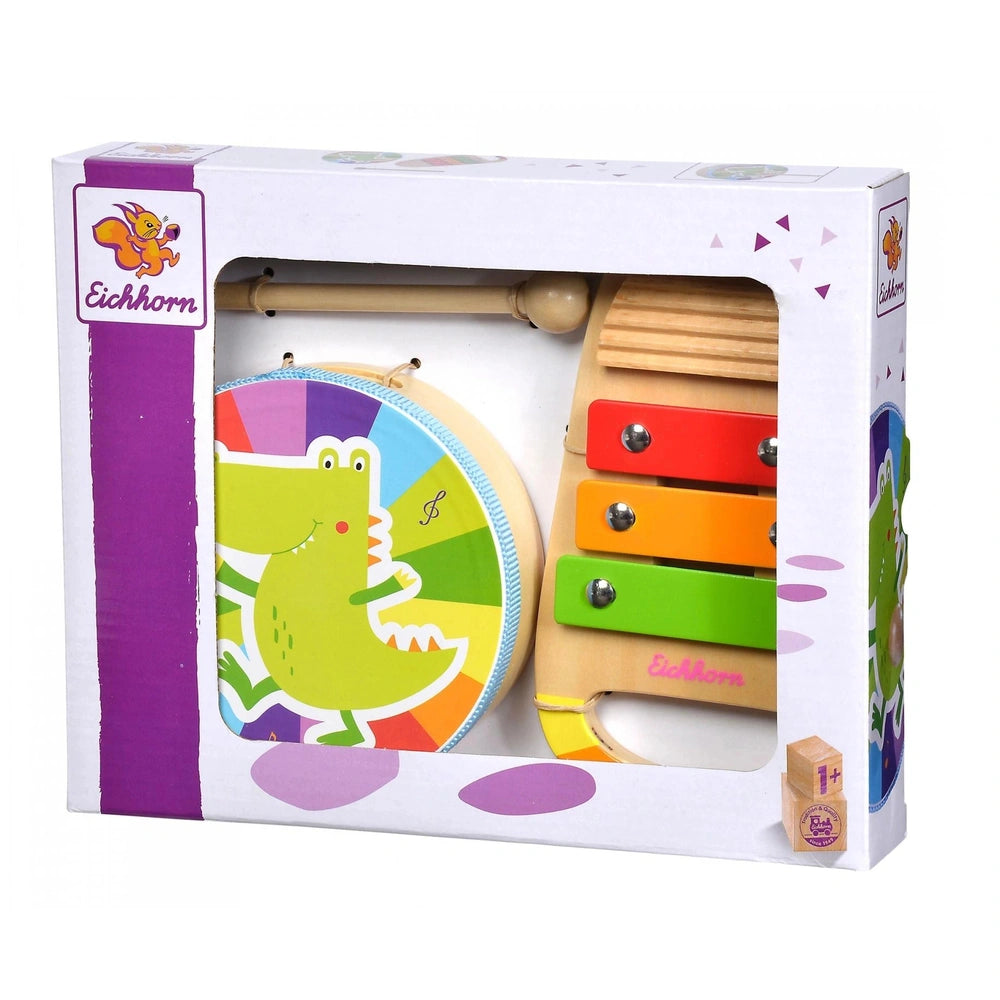 Eichhorn Wooden Drum and Xylophone Music Set featuring colorful xylophone bars and cheerful dinosaur-themed packaging.