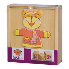 Eichhorn Wooden Puzzle Bear 20 Pcs featuring a cheerful teddy bear in pink coat with heart, ideal for kids 2+.