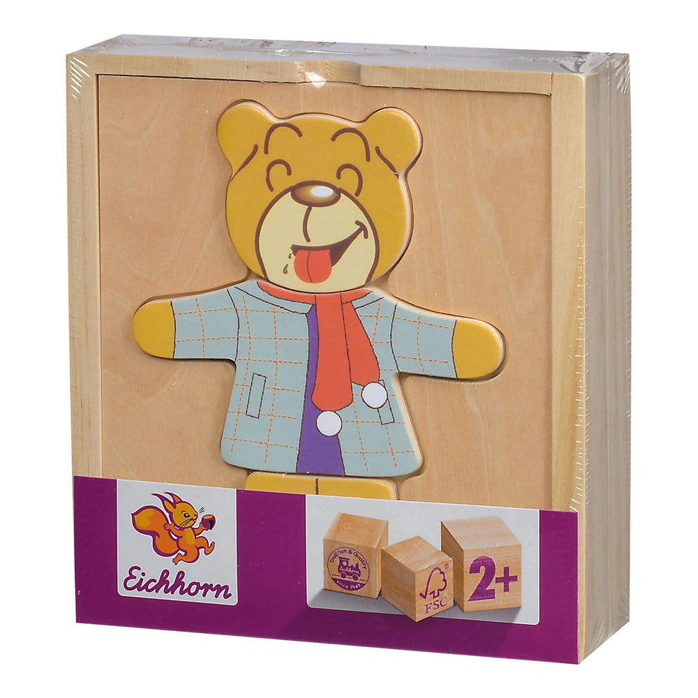 Eichhorn Wooden Puzzle Bear 20 pcs in a colorful box with a happy bear illustration and visible puzzle pieces.
