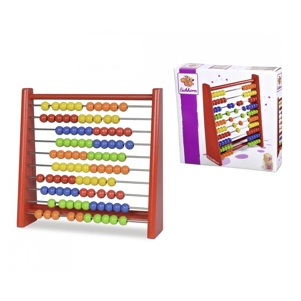 Eichhorn Wooden Slide Rule - Colorful educational toys featuring a red abacus and a boxed product with vibrant designs.