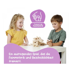 Eichhorn Wooden Stacking Tower with children playing, enhancing fine motor skills in a colorful, inviting setting.
