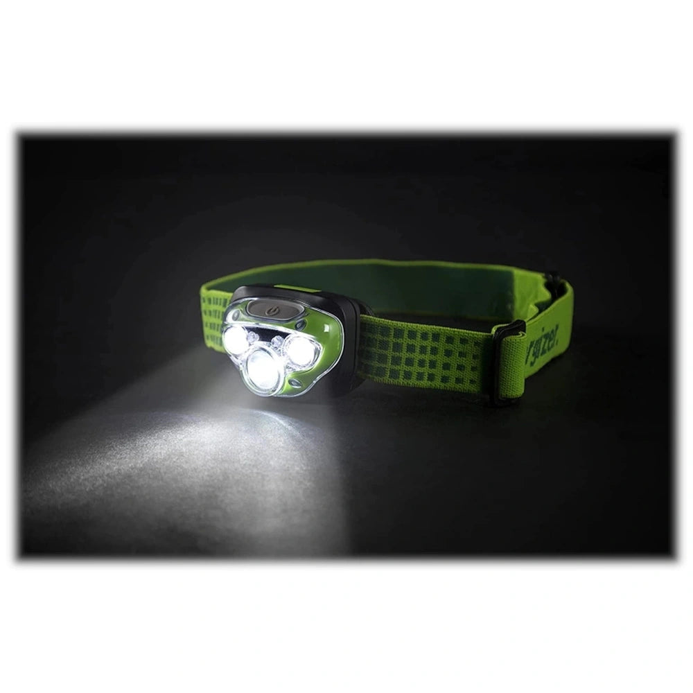 Energizer 3Aaa 350 Light Head Torch with a matte black casing and green textured strap featuring three white lights.