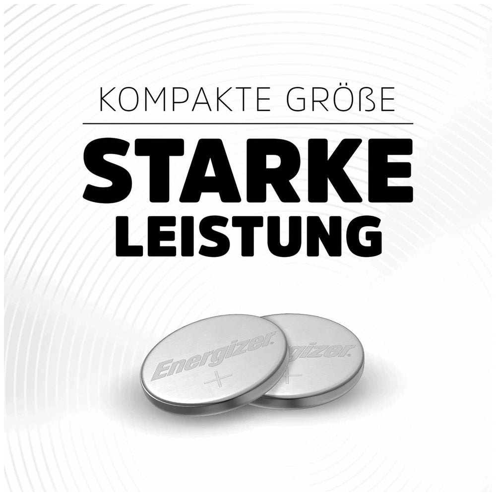 Energizer CR 2025 button cell batteries in silver with black text "Kompakte grobe Starkleistung" on a white background.