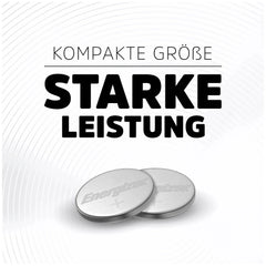 Energizer CR 2025 button cell batteries in silver with black text "Kompakte grobe Starkleistung" on a white background.
