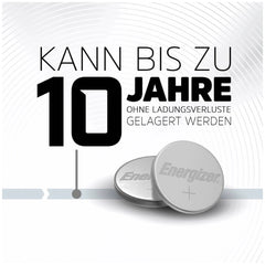 Energizer Button Cell CR 2025, silver metallic discs featuring black text, guaranteed for up to 10 years of use.