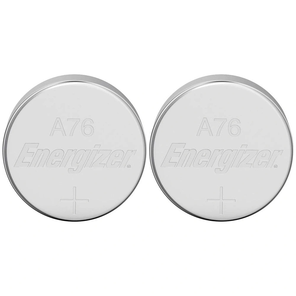 Energizer LR44 1.5V button cell battery with smooth metallic finish, showing "A76" and "Energizer" labels.