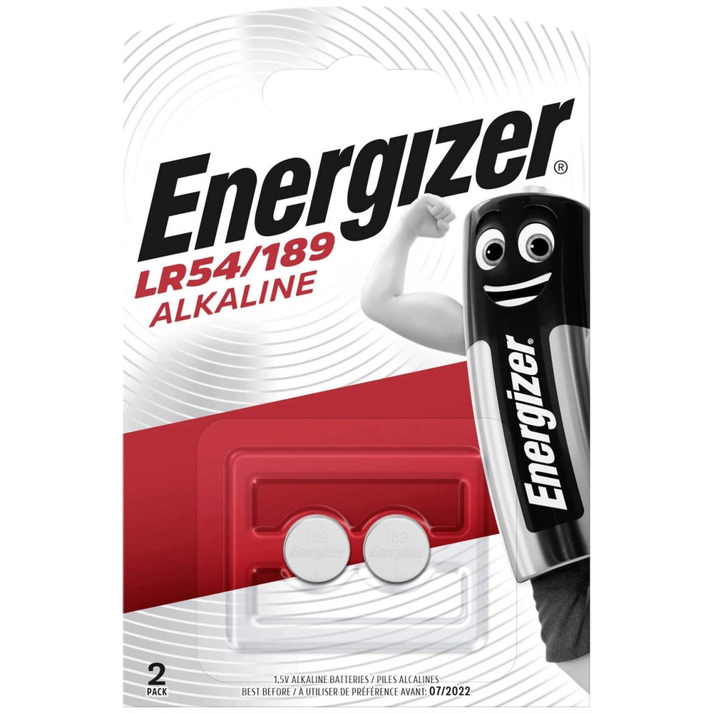 Energizer LR54 1.5V alkaline battery pack in red and white plastic with black text, featuring recycling information and expir