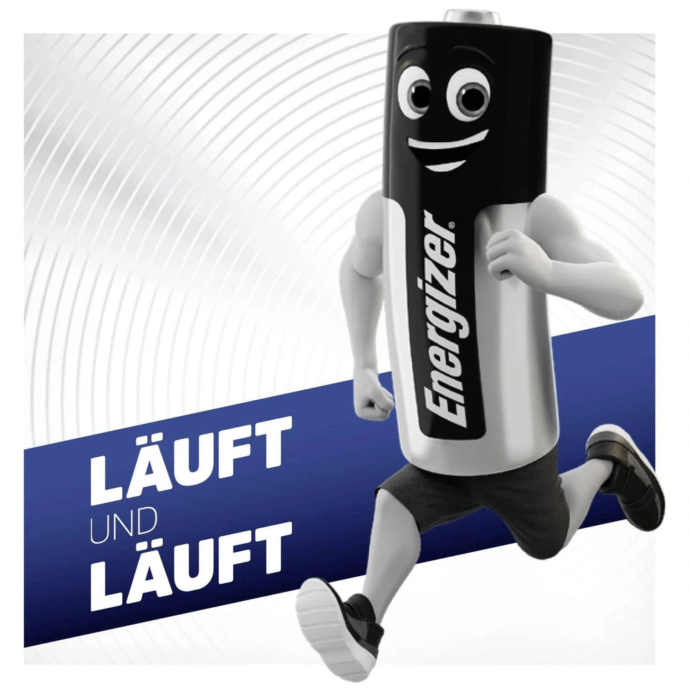 Energizer CR2 lithium camera battery, black and silver, with white shorts, shoes, and smile, featuring "ENERGIZER" text.