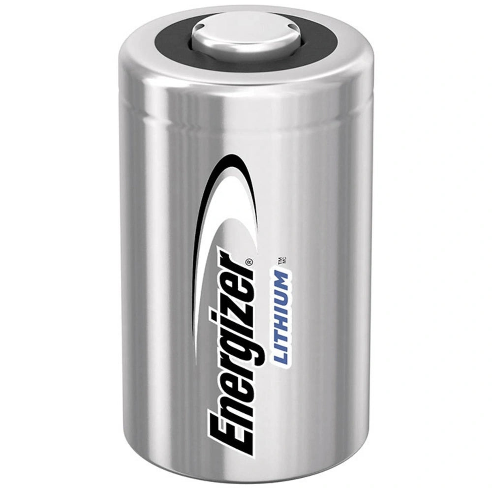 Energizer CR2 lithium camera battery in silver metal container featuring "ENERIZER" and "LITHIUM" text.