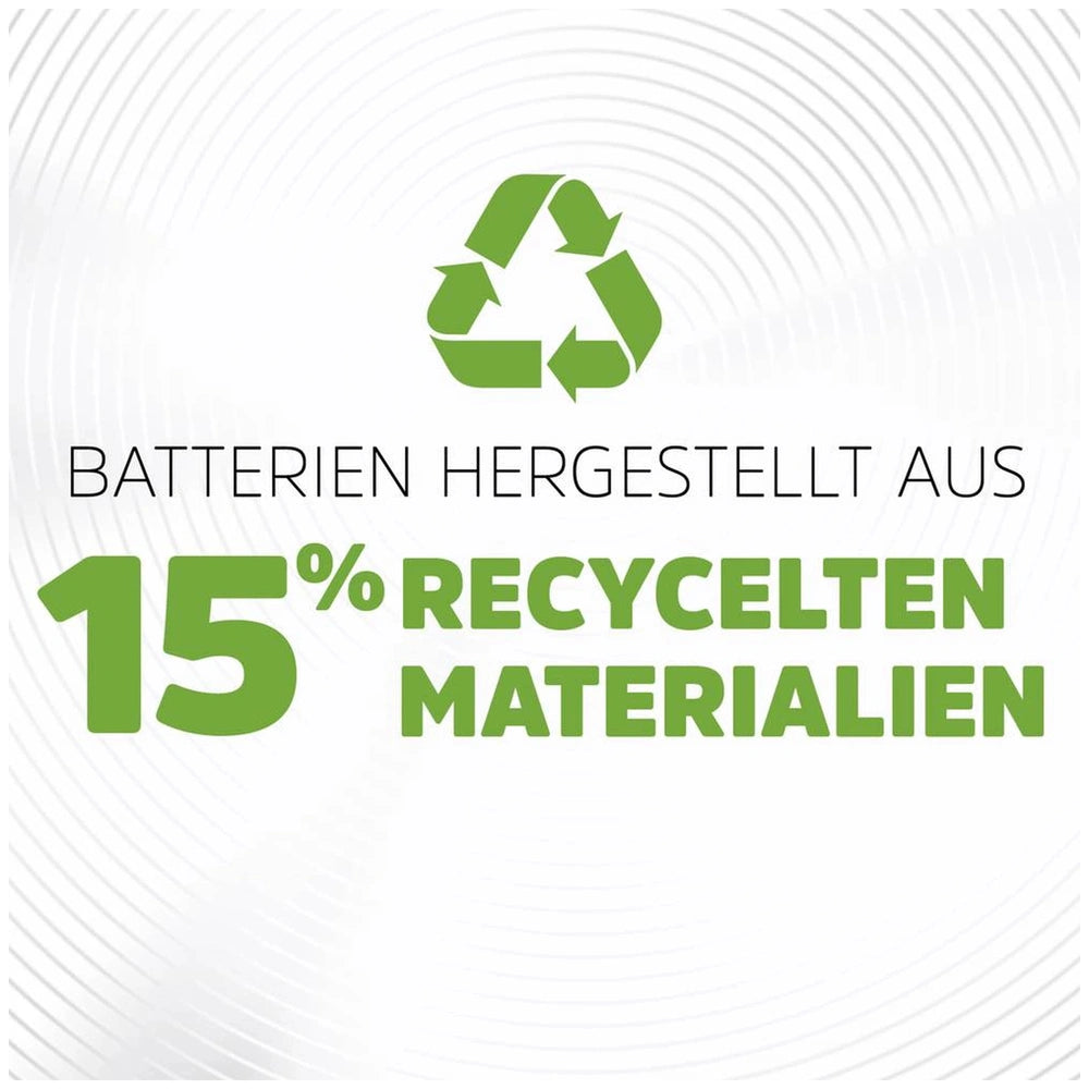 Energizer Extreme HR06 AA rechargeable batteries with green recycling symbol and dark green text on a white gray gradient bac