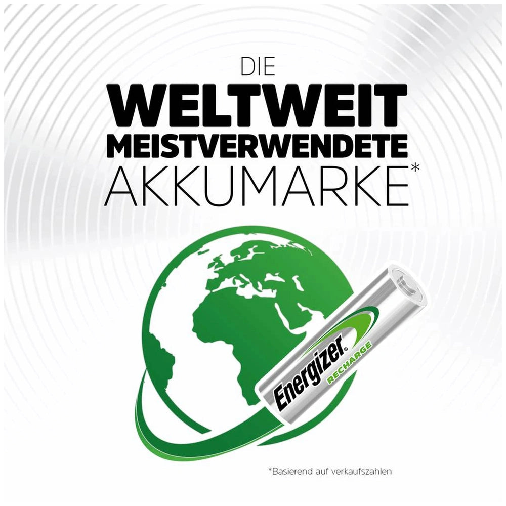 Energizer Extreme HR06 AA rechargeable NiMH battery, silver with green globe, featuring black text: "Die Weltzeit meistverwen