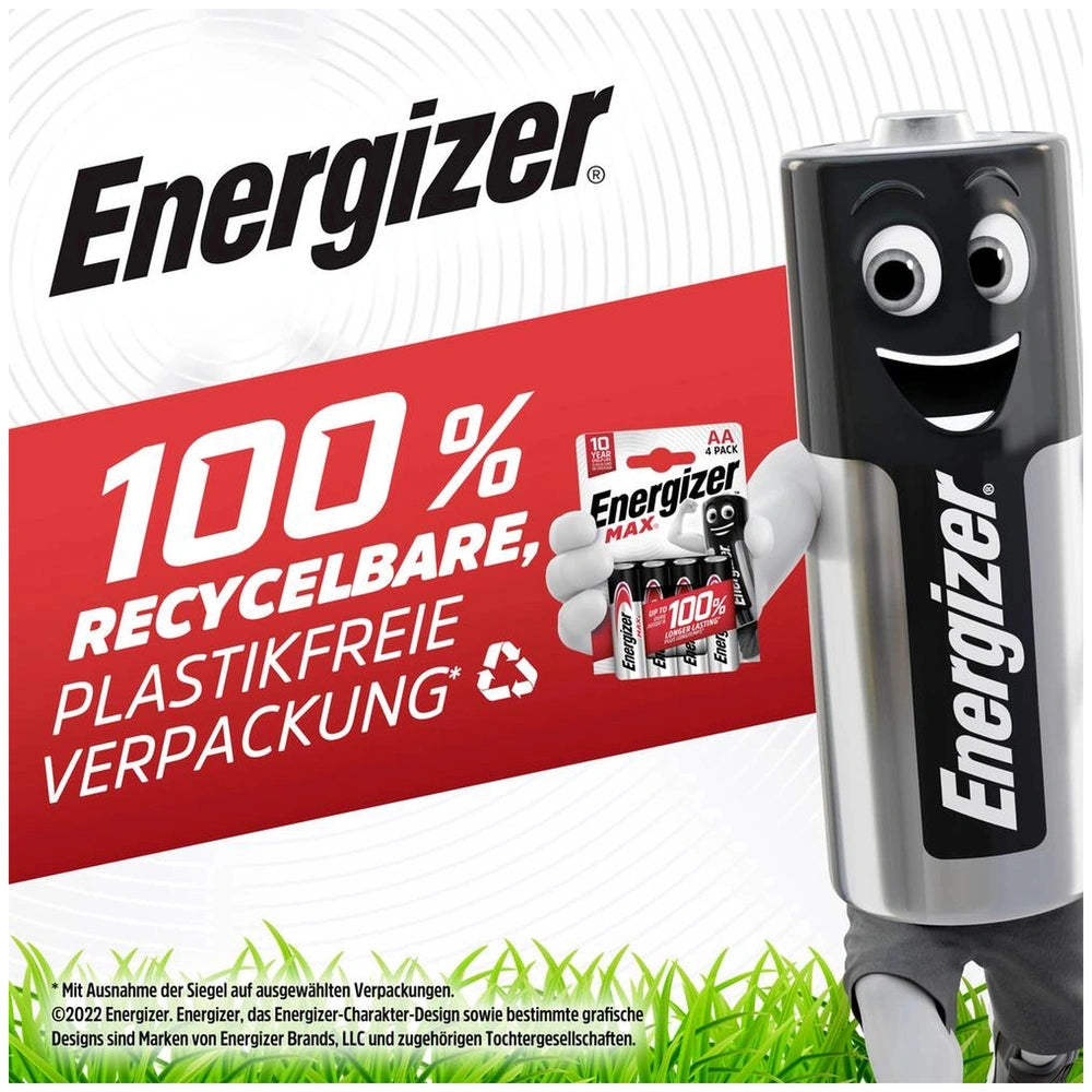 Energizer Max 6LR61 9V battery pack in plastic packaging with red background, featuring recycling symbols and eco-friendly te