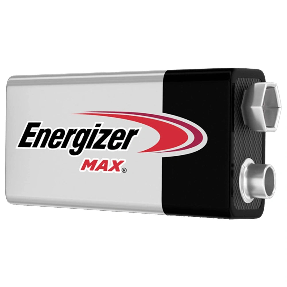 Energizer Max 6LR61 9V battery with a textured cylindrical design, featuring red and black logos and glossy printed text.