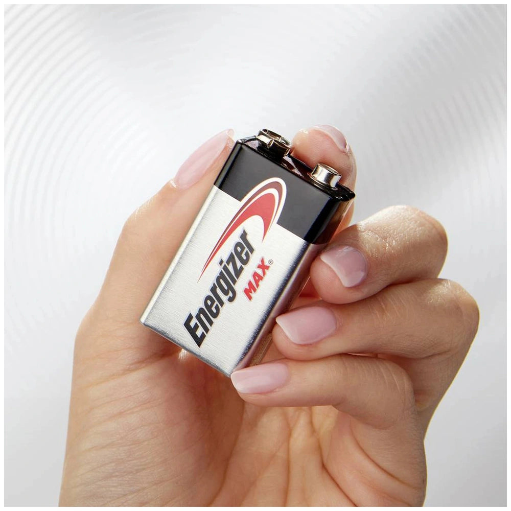 Energizer Max 6LR61 9V battery pack in silver and black with metallic clasp, labeled "Energizer MAX".