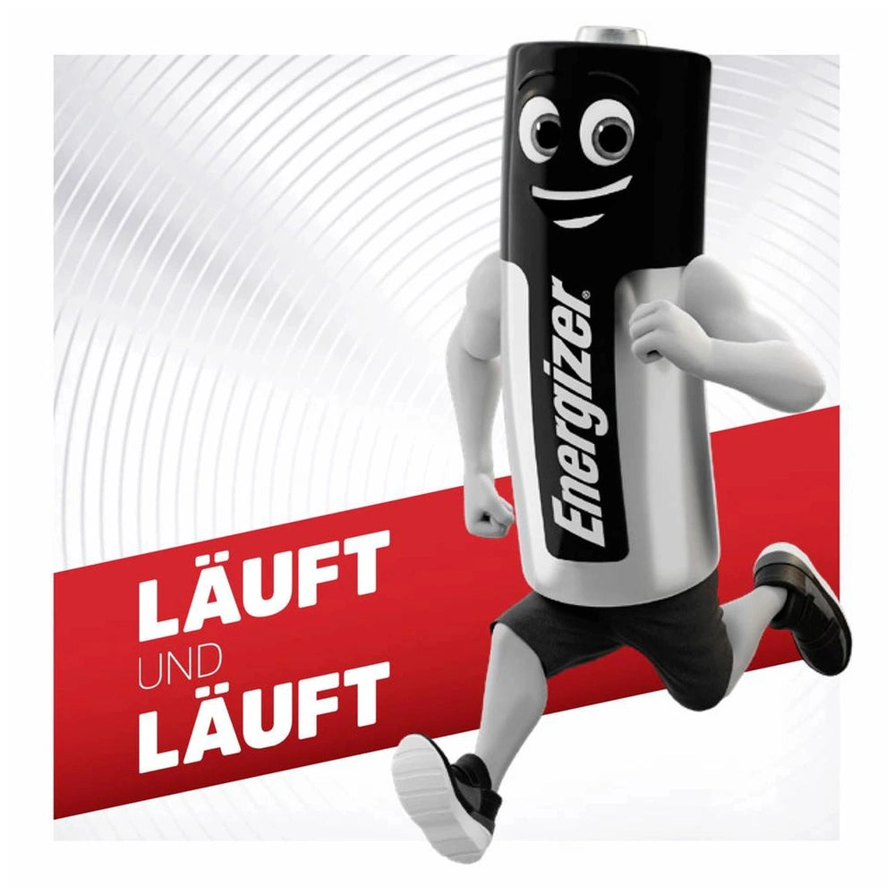 Energizer Max 6LR61 9V battery with a playful smiling face design, black and white case, and metallic components.