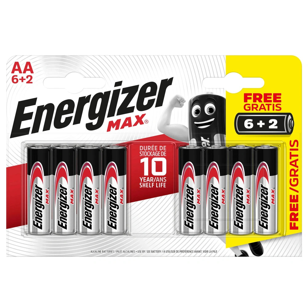 Energizer Max AA battery pack with six batteries, glossy white packaging, red accents, and "10 years shelf life" label.