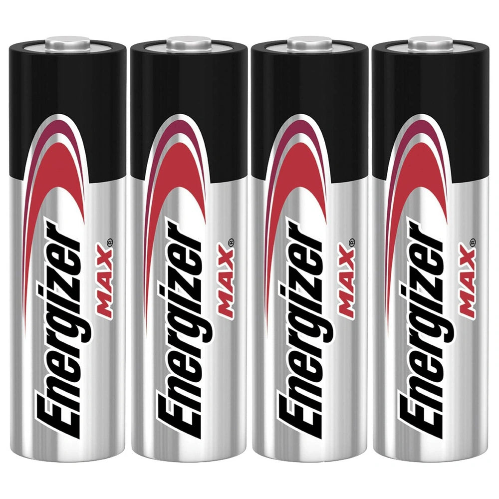 Energizer Max AAA batteries in shiny black and silver packaging, featuring red and white text, arranged in a straight line.
